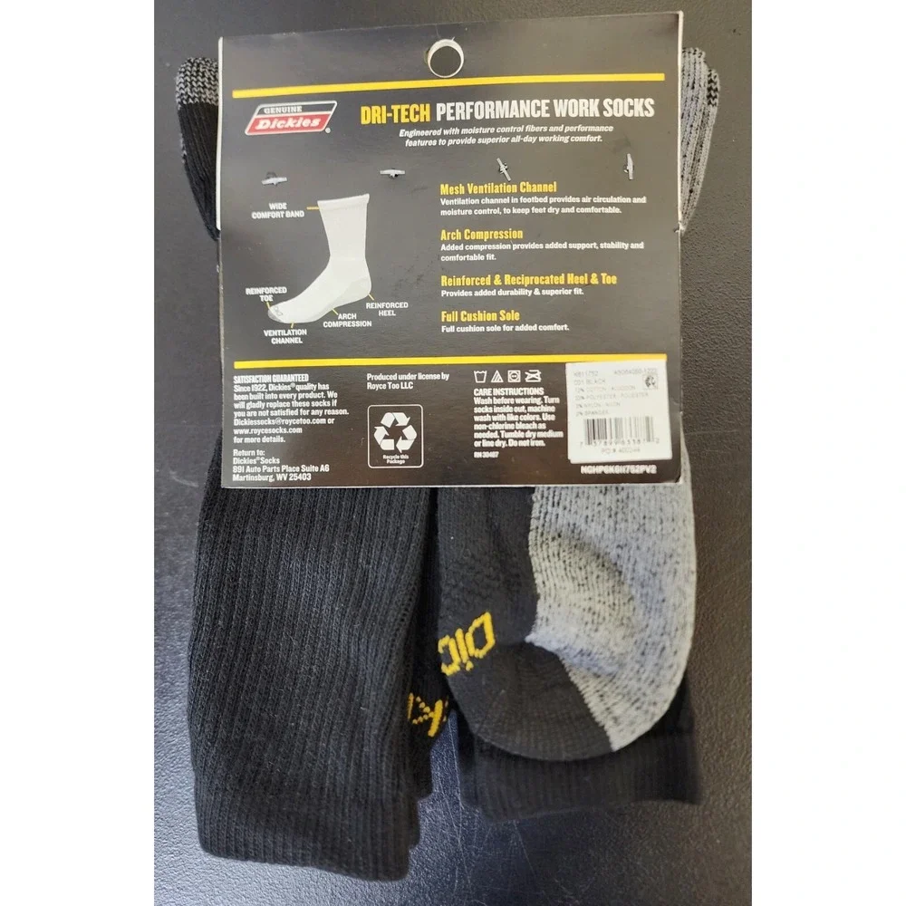 Dickies Size 12-15 Big and Tall Mens Dri Tech Crew Work Cushion Socks 6 Pairs